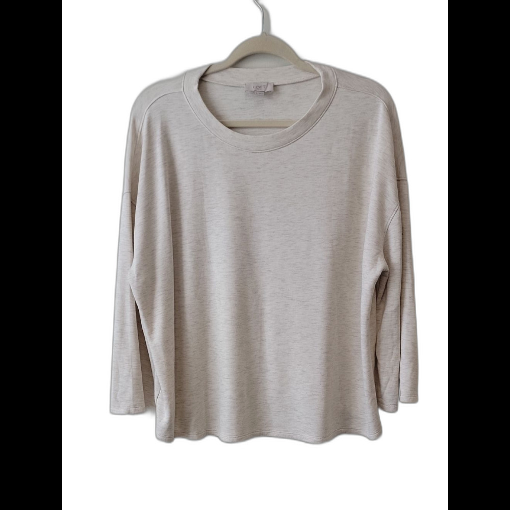 LOFT Boxy Crop Light Cream Heathered Long Sleeve Top